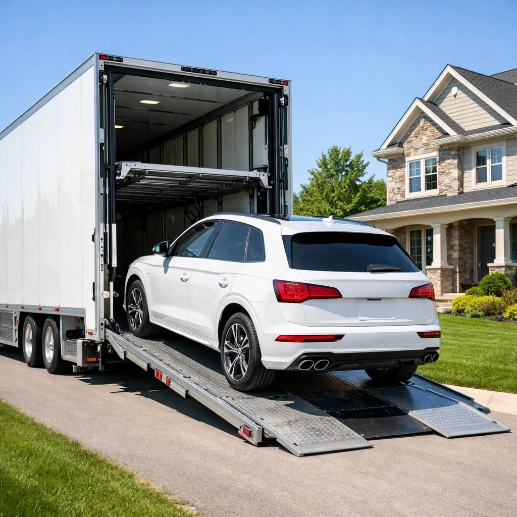Car being carefully driven onto a car carrier trailer
