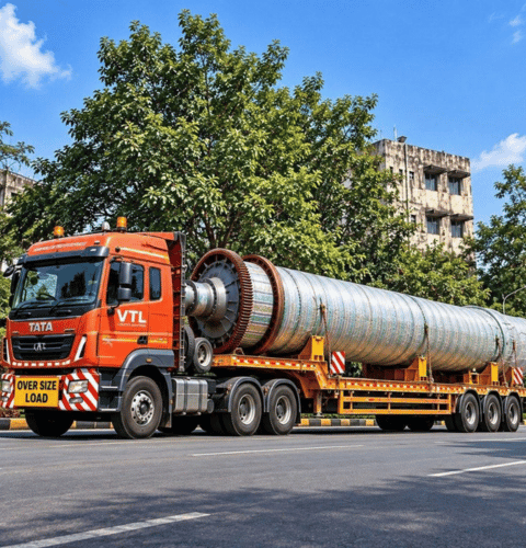 Flatbed trailer carrying machinery in Meghalaya