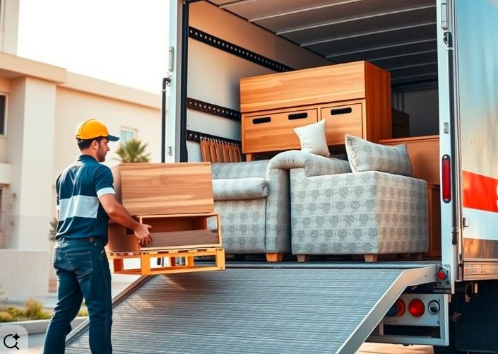 Packers and movers team standing beside company truck