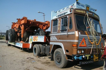 Transformer being transported on a heavy-duty trailer